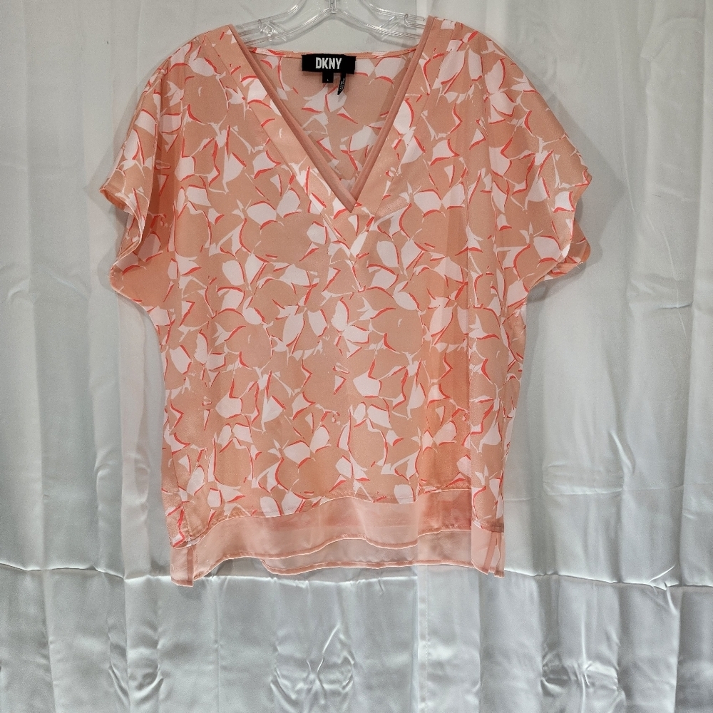 DKNY Large Orange and Pink Cuffed Sleeve Blouse